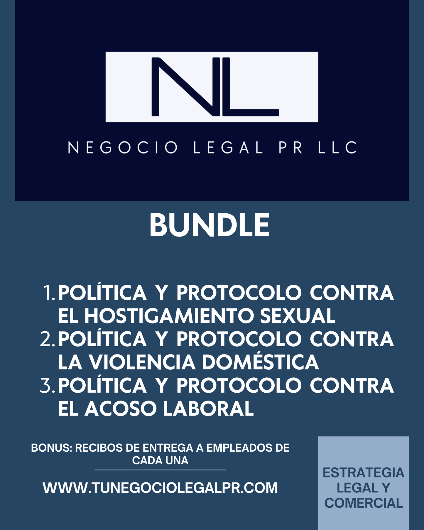 Bundle de Políticas y Protocolos con Recibos y Tres Check-Lists | Política y Protocolo Contra Acoso Laboral + Violencia Doméstica + Hostigamiento Sexual (3 políticas y protocolos separado)s)