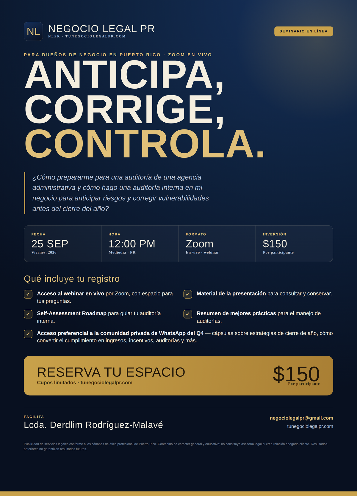 Webinar ANTICIPA: CORRIGE: CONTROLA — capacitacion sobre auditoria interna y cumplimiento para negocios en Puerto Rico